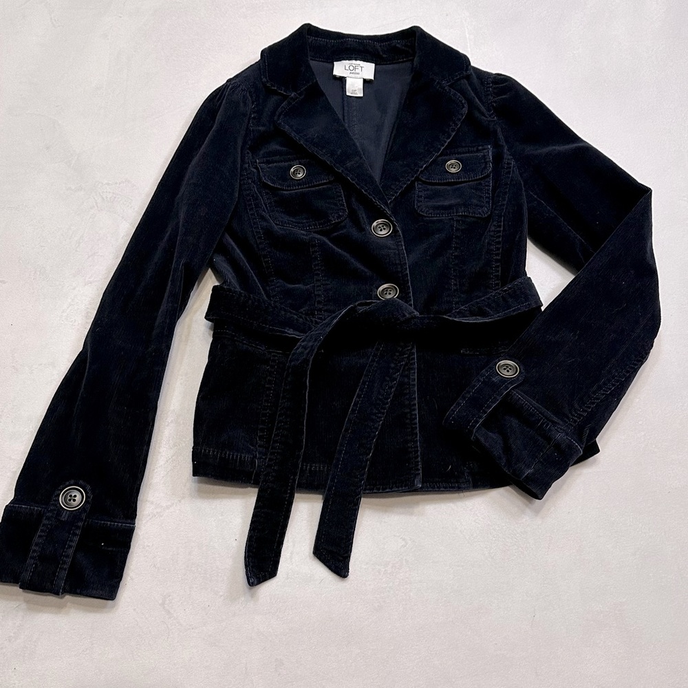 Loft Brushed Corduroy Navy Blue Belted Blazer Size 0P - Picture 1 of 5